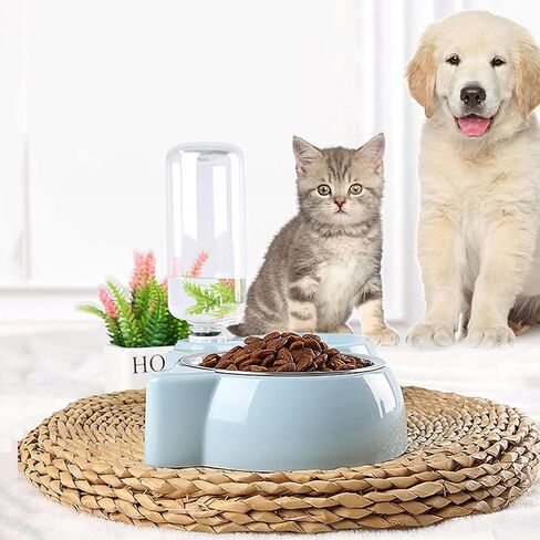 2 in 1 Double Dog Cat Bowls with Automatic Drinking Bottles,Stainless Steel Pet Bowls No-Spill Resin Station, Pet Water and Food Bowl Set with Automatic Water Dispenser Bottle for Cats and Small Dogs in Saudi Arabia