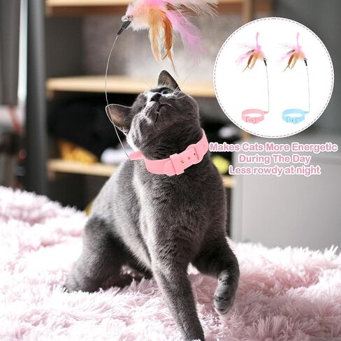 2Pcs Cat Collar Toy, Adjustable Cat Feather Neck Collar Toy Cat Teasing Wand with Silicone Collar, Funny Cat Stick, Interactive Self Playing Toys Bell for Indoor Cat Playing Small Animals(Blue, Pink) in Saudi Arabia