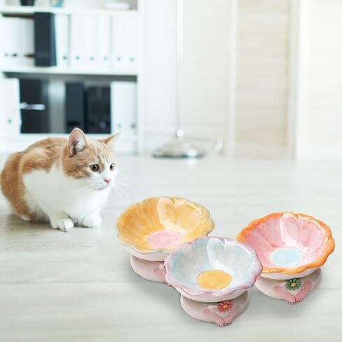 Cat Bowls Elevated Cute Flower Shape Cat Food and Water Bowl Cat Feeding Bowls Raised Cat Bowls for Indoor Cats Ceramics Cat Food Bowl Pet Feeder Bowl for Cats Dogs Pets(Yellow) in Saudi Arabia