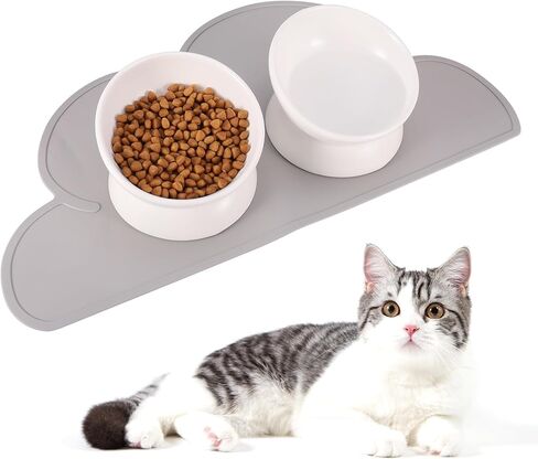 2 Pcs Ceramic Elevated Cat Bowls 15° Ceramic Tilted Cat Bowls with Silicone Non Slip Mat Raised Cat Food Water Bowls Set Anti Vomiting Microwave Dishwasher Safe for Indoor Cats Dogs, White in Kuwait