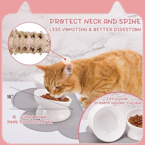2 Pcs Ceramic Elevated Cat Bowls 15° Ceramic Tilted Cat Bowls with Silicone Non Slip Mat Raised Cat Food Water Bowls Set Anti Vomiting Microwave Dishwasher Safe for Indoor Cats Dogs, White in Kuwait