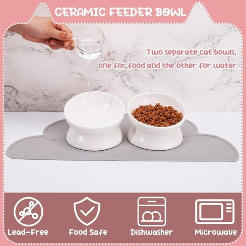 2 Pcs Ceramic Elevated Cat Bowls 15° Ceramic Tilted Cat Bowls with Silicone Non Slip Mat Raised Cat Food Water Bowls Set Anti Vomiting Microwave Dishwasher Safe for Indoor Cats Dogs, White in Kuwait