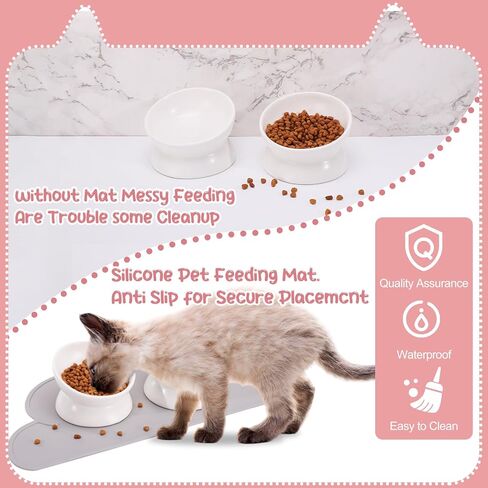 2 Pcs Ceramic Elevated Cat Bowls 15° Ceramic Tilted Cat Bowls with Silicone Non Slip Mat Raised Cat Food Water Bowls Set Anti Vomiting Microwave Dishwasher Safe for Indoor Cats Dogs, White in Kuwait
