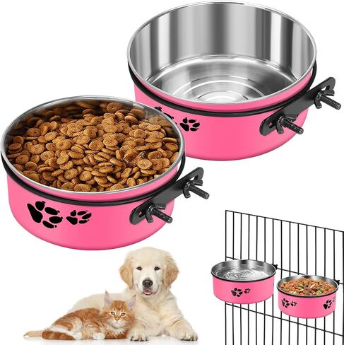2 Pack Kennel bowls Mountable Stainless Steel Crate Bowls for Dogs No Spill Hanging Kennel Water Bowls with Clamp Holder 2 Sizes（7.08x2.83’’,6.3x2.63’） Hot Pink in Saudi Arabia