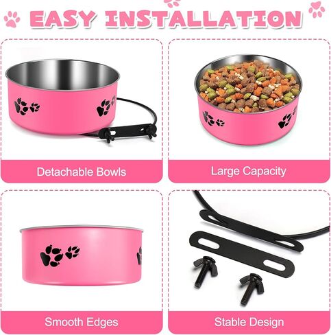 2 Pack Kennel bowls Mountable Stainless Steel Crate Bowls for Dogs No Spill Hanging Kennel Water Bowls with Clamp Holder 2 Sizes（7.08x2.83’’,6.3x2.63’） Hot Pink in Saudi Arabia