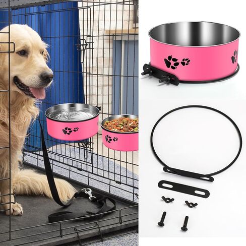 2 Pack Kennel bowls Mountable Stainless Steel Crate Bowls for Dogs No Spill Hanging Kennel Water Bowls with Clamp Holder 2 Sizes（7.08x2.83’’,6.3x2.63’） Hot Pink in Saudi Arabia