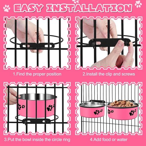2 Pack Kennel bowls Mountable Stainless Steel Crate Bowls for Dogs No Spill Hanging Kennel Water Bowls with Clamp Holder 2 Sizes（7.08x2.83’’,6.3x2.63’） Hot Pink in Saudi Arabia