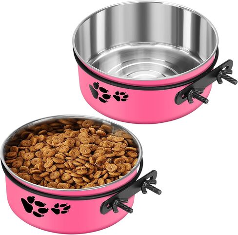 2 Pack Kennel bowls Mountable Stainless Steel Crate Bowls for Dogs No Spill Hanging Kennel Water Bowls with Clamp Holder 2 Sizes（7.08x2.83’’,6.3x2.63’） Hot Pink in Saudi Arabia