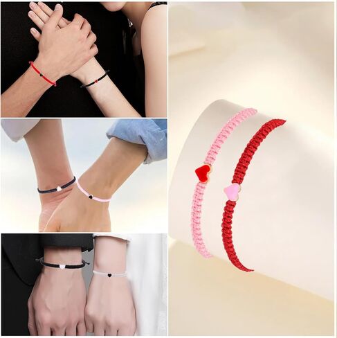 2PCS الأزواج الملونة مطابقة سوار القلب للأزواج ابنة الأم والصداقات مضفر سلسلة أساور قابلة للتعديل لهدايا فرنك بلجيكي أساور للأم ابنة النساء الرجال الفتيات (الوردي والأسود) in Kuwait