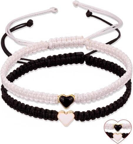 2PCS الأزواج الملونة مطابقة سوار القلب للأزواج ابنة الأم والصداقات مضفر سلسلة أساور قابلة للتعديل لهدايا فرنك بلجيكي أساور للأم ابنة النساء الرجال الفتيات (الوردي والأسود) in Kuwait