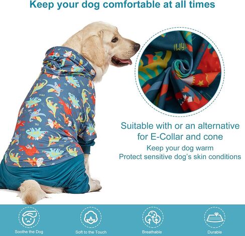 LovinPet Large Dog Pjs for Male Dogs: Wound Care, Anxiety Lightweight onesie, Large Dog Pajamas, Pjs for Dogs, Reflective Stripe, Super Dinos Navy Print, Surgical Recovery clothes/XL in Saudi Arabia