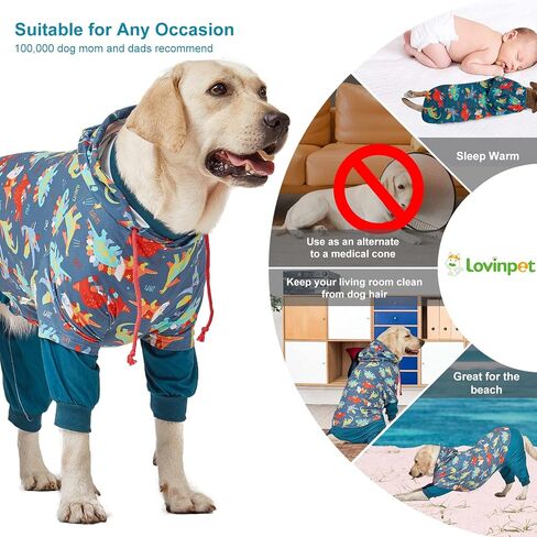 LovinPet Large Dog Pjs for Male Dogs: Wound Care, Anxiety Lightweight onesie, Large Dog Pajamas, Pjs for Dogs, Reflective Stripe, Super Dinos Navy Print, Surgical Recovery clothes/XL in Saudi Arabia