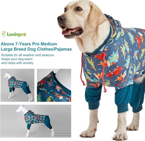 LovinPet Large Dog Pjs for Male Dogs: Wound Care, Anxiety Lightweight onesie, Large Dog Pajamas, Pjs for Dogs, Reflective Stripe, Super Dinos Navy Print, Surgical Recovery clothes/XL in Saudi Arabia
