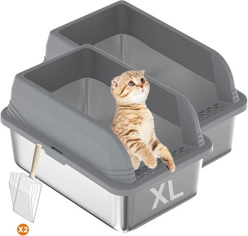 2 Pcs Stainless Steel Cat Litter Box with Lid, Extra Large High Side Cat Litter Box, XL Metal Enclosed Litter Box for Cats, Non-Leaking, Easy to Clean Include Litter Scoop (Grey) in Saudi Arabia