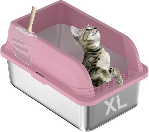 2 Pcs Stainless Steel Cat Litter Box with Lid, Extra Large High Side Cat Litter Box, XL Metal Enclosed Litter Box for Cats, Non-Leaking, Easy to Clean Include Litter Scoop (Grey) in Saudi Arabia