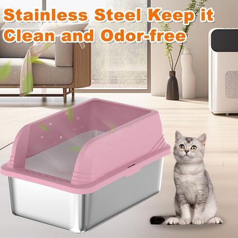 2 Pcs Stainless Steel Cat Litter Box with Lid, Extra Large High Side Cat Litter Box, XL Metal Enclosed Litter Box for Cats, Non-Leaking, Easy to Clean Include Litter Scoop (Grey) in Saudi Arabia