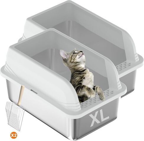2 Pcs Stainless Steel Cat Litter Box with Lid, Extra Large High Side Cat Litter Box, XL Metal Enclosed Litter Box for Cats, Non-Leaking, Easy to Clean Include Litter Scoop (Grey) in Saudi Arabia