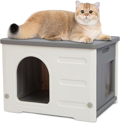 Rockever Plastic Cat House Outdoor with Escape Door, Waterproof Feral Cat House Outdoor Indoor, Sturdy Cat House for Outdoor Cats with Cat Bed Mat, Assemble Easily-Grey in Kuwait