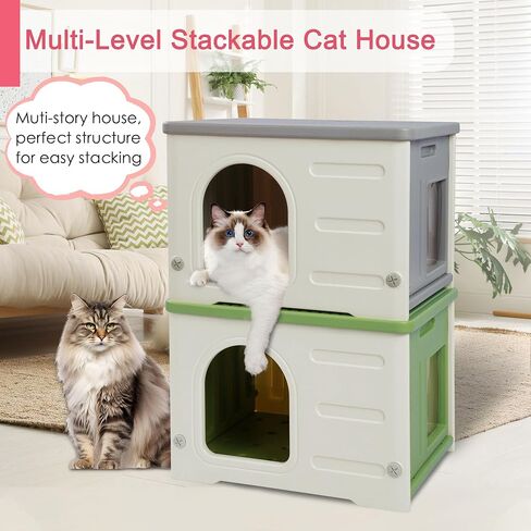 Rockever Plastic Cat House Outdoor with Escape Door, Waterproof Feral Cat House Outdoor Indoor, Sturdy Cat House for Outdoor Cats with Cat Bed Mat, Assemble Easily-Grey in Saudi Arabia