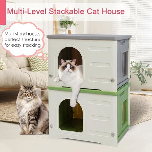 Rockever Plastic Cat House Outdoor with Escape Door, Waterproof Feral Cat House Outdoor Indoor, Sturdy Cat House for Outdoor Cats with Cat Bed Mat, Assemble Easily-Grey in Kuwait