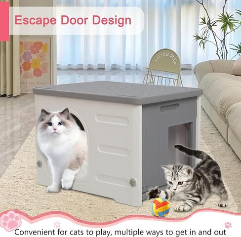 Rockever Plastic Cat House Outdoor with Escape Door, Waterproof Feral Cat House Outdoor Indoor, Sturdy Cat House for Outdoor Cats with Cat Bed Mat, Assemble Easily-Grey in Saudi Arabia