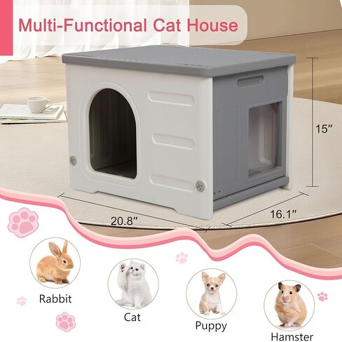 Rockever Plastic Cat House Outdoor with Escape Door, Waterproof Feral Cat House Outdoor Indoor, Sturdy Cat House for Outdoor Cats with Cat Bed Mat, Assemble Easily-Grey in Kuwait