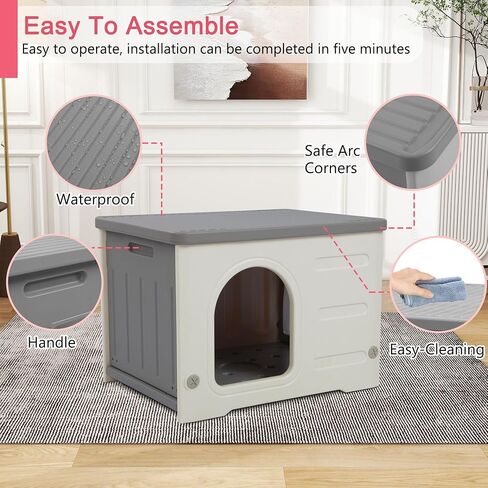 Rockever Plastic Cat House Outdoor with Escape Door, Waterproof Feral Cat House Outdoor Indoor, Sturdy Cat House for Outdoor Cats with Cat Bed Mat, Assemble Easily-Grey in Saudi Arabia