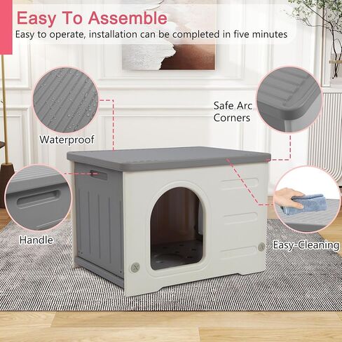 Rockever Plastic Cat House Outdoor with Escape Door, Waterproof Feral Cat House Outdoor Indoor, Sturdy Cat House for Outdoor Cats with Cat Bed Mat, Assemble Easily-Grey in Kuwait