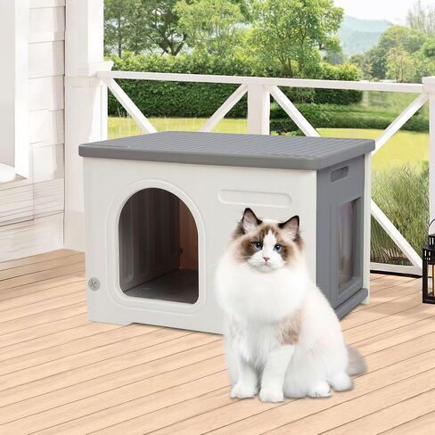 Rockever Plastic Cat House Outdoor with Escape Door, Waterproof Feral Cat House Outdoor Indoor, Sturdy Cat House for Outdoor Cats with Cat Bed Mat, Assemble Easily-Grey in Saudi Arabia