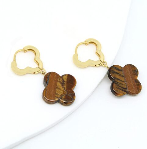 Gempires Tiger Eye Clover Earrings, 4 Leaf Clover Earring for Girls, Dangle Earrings for Her, 14k Gold Plated Earring, Gemstone Jewelry in Saudi Arabia