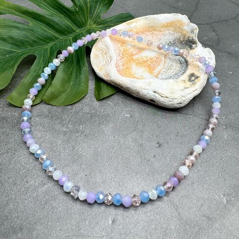 XL Pale Pastels Faceted Glass Bead Anklet on Elastic - Handmade Pink Lilac White Blue Design : Plus Size Extra Large 12 inches - 4mm Beads in Pretty Summer Colours in Saudi Arabia