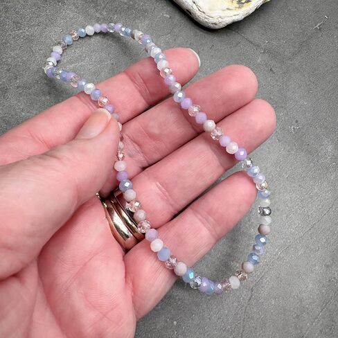 XL Pale Pastels Faceted Glass Bead Anklet on Elastic - Handmade Pink Lilac White Blue Design : Plus Size Extra Large 12 inches - 4mm Beads in Pretty Summer Colours in Saudi Arabia