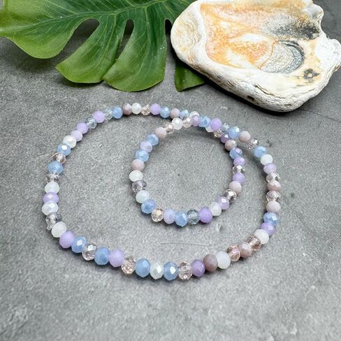 XL Pale Pastels Faceted Glass Bead Anklet on Elastic - Handmade Pink Lilac White Blue Design : Plus Size Extra Large 12 inches - 4mm Beads in Pretty Summer Colours in Saudi Arabia
