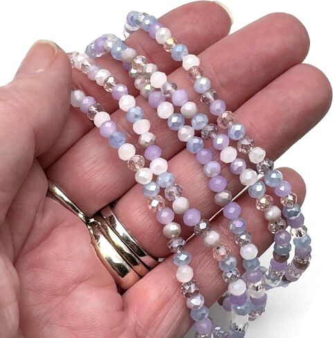 XL Pale Pastels Faceted Glass Bead Anklet on Elastic - Handmade Pink Lilac White Blue Design : Plus Size Extra Large 12 inches - 4mm Beads in Pretty Summer Colours in Saudi Arabia