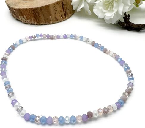 XL Pale Pastels Faceted Glass Bead Anklet on Elastic - Handmade Pink Lilac White Blue Design : Plus Size Extra Large 12 inches - 4mm Beads in Pretty Summer Colours in Saudi Arabia