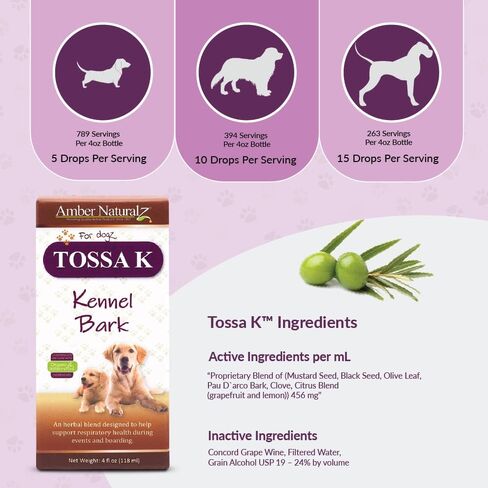 العنبر NaturalZ Tossa K Kennel Bark المكملات العشبية للكلاب والجراء | مزيج عشبي للكلاب لصحة الجهاز التنفسي | زجاجة سعة 4 أونصة سائلة | مكونات من مصادر عالمية | صنع في الولايات المتحدة الأمريكية in Kuwait