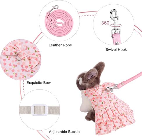 مجموعة مقود وحزام أرنب قابل للتعديل، فستان أرنب أرنب، ملابس أرنب للحيوانات الأليفة الصغيرة، خنزير غينيا، السنجاب، الهامستر (الكرز الوردي/M) in Kuwait
