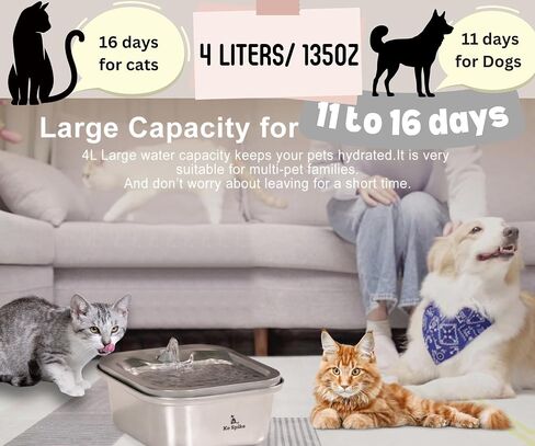 Stainless Steel Cat water fountain 135oz/4L Dog water bowl dispenser Automatic Pet water fountain with quiet Pump <20db, 3 extra Filters, US Plug Adapter. Suitable for Wide variety of Pets in Saudi Arabia