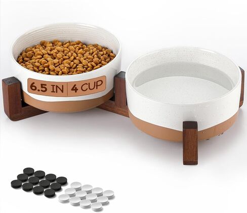 Lareina Ceramic Food Grade Dog Bowls, Dishwashers Safe, 4 Cups Food and Water Bowls for Pet, Dog Bowl Set with Double Non-Slip Wood Stand 30oz, 6.5 Inch Slow Food Bowl for Medium Large Sized, White in Saudi Arabia