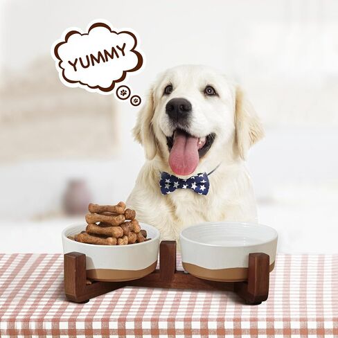 Lareina Ceramic Food Grade Dog Bowls, Dishwashers Safe, 4 Cups Food and Water Bowls for Pet, Dog Bowl Set with Double Non-Slip Wood Stand 30oz, 6.5 Inch Slow Food Bowl for Medium Large Sized, White in Saudi Arabia
