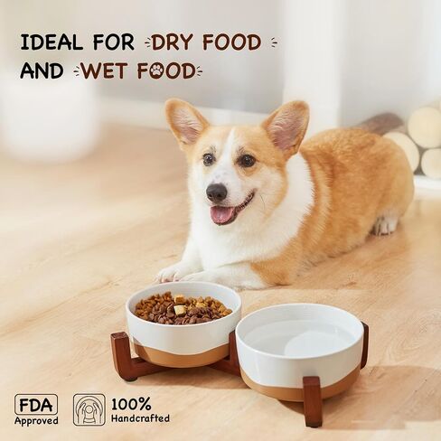 Lareina Ceramic Food Grade Dog Bowls, Dishwashers Safe, 4 Cups Food and Water Bowls for Pet, Dog Bowl Set with Double Non-Slip Wood Stand 30oz, 6.5 Inch Slow Food Bowl for Medium Large Sized, White in Saudi Arabia