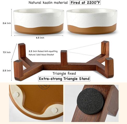 Lareina Ceramic Food Grade Dog Bowls, Dishwashers Safe, 4 Cups Food and Water Bowls for Pet, Dog Bowl Set with Double Non-Slip Wood Stand 30oz, 6.5 Inch Slow Food Bowl for Medium Large Sized, White in Saudi Arabia