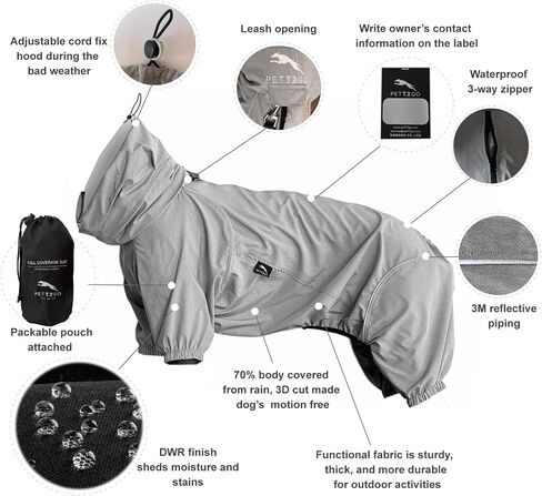 Dog Lightweight Windbreaker, Pet Outdoor Sports Jacket, 0.5 lbs,3 in One, Hooded, Easy on/Off with Collar and Harness, Reflective Piping, Packable, Dog Hiking/Camping, Grey-Medium in Saudi Arabia