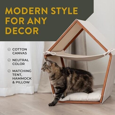 Cat Houses for Indoor Cats - Free-Standing Cat Teepee House Has Modern Look, Boho Teak-Finish Pine Frame, Canvas Tent, Hammock, & Pillow Bed in Saudi Arabia