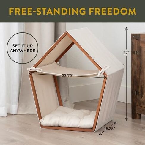 Cat Houses for Indoor Cats - Free-Standing Cat Teepee House Has Modern Look, Boho Teak-Finish Pine Frame, Canvas Tent, Hammock, & Pillow Bed in Saudi Arabia
