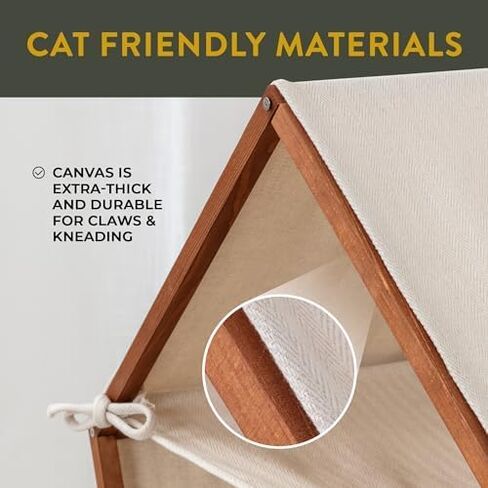 Cat Houses for Indoor Cats - Free-Standing Cat Teepee House Has Modern Look, Boho Teak-Finish Pine Frame, Canvas Tent, Hammock, & Pillow Bed in Saudi Arabia