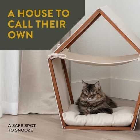 Cat Houses for Indoor Cats - Free-Standing Cat Teepee House Has Modern Look, Boho Teak-Finish Pine Frame, Canvas Tent, Hammock, & Pillow Bed in Saudi Arabia