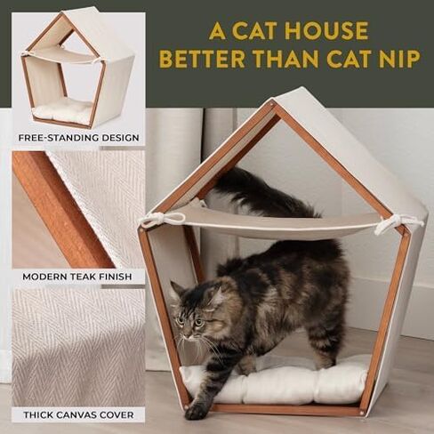 Cat Houses for Indoor Cats - Free-Standing Cat Teepee House Has Modern Look, Boho Teak-Finish Pine Frame, Canvas Tent, Hammock, & Pillow Bed in Saudi Arabia