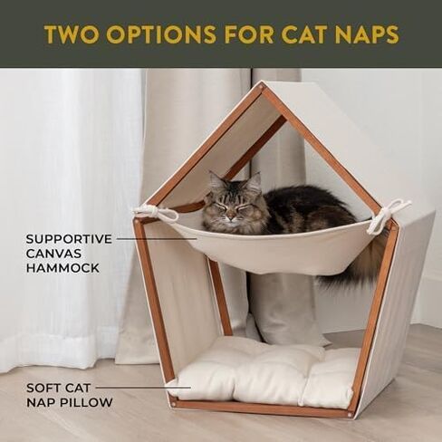 Cat Houses for Indoor Cats - Free-Standing Cat Teepee House Has Modern Look, Boho Teak-Finish Pine Frame, Canvas Tent, Hammock, & Pillow Bed in Saudi Arabia