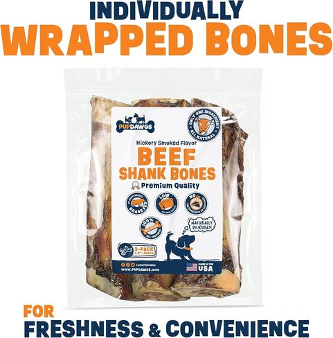 Dog Bones for Aggressive Chewers | 7-8" Hickory Smoked Flavor Beef Shank Bones | Dog Bones for Medium Dog | All Natural Dog Bone Treats Made in The USA - Individually Wrapped (3 Piece Pack) in Saudi Arabia